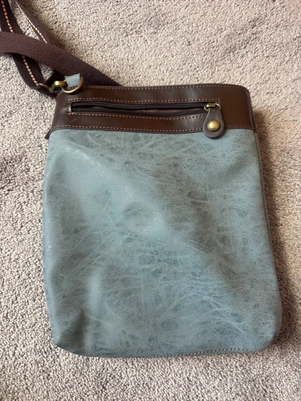 Chala Blue Brown Vegan Leather Crossbody Bag Multi Pocket Boho Purse